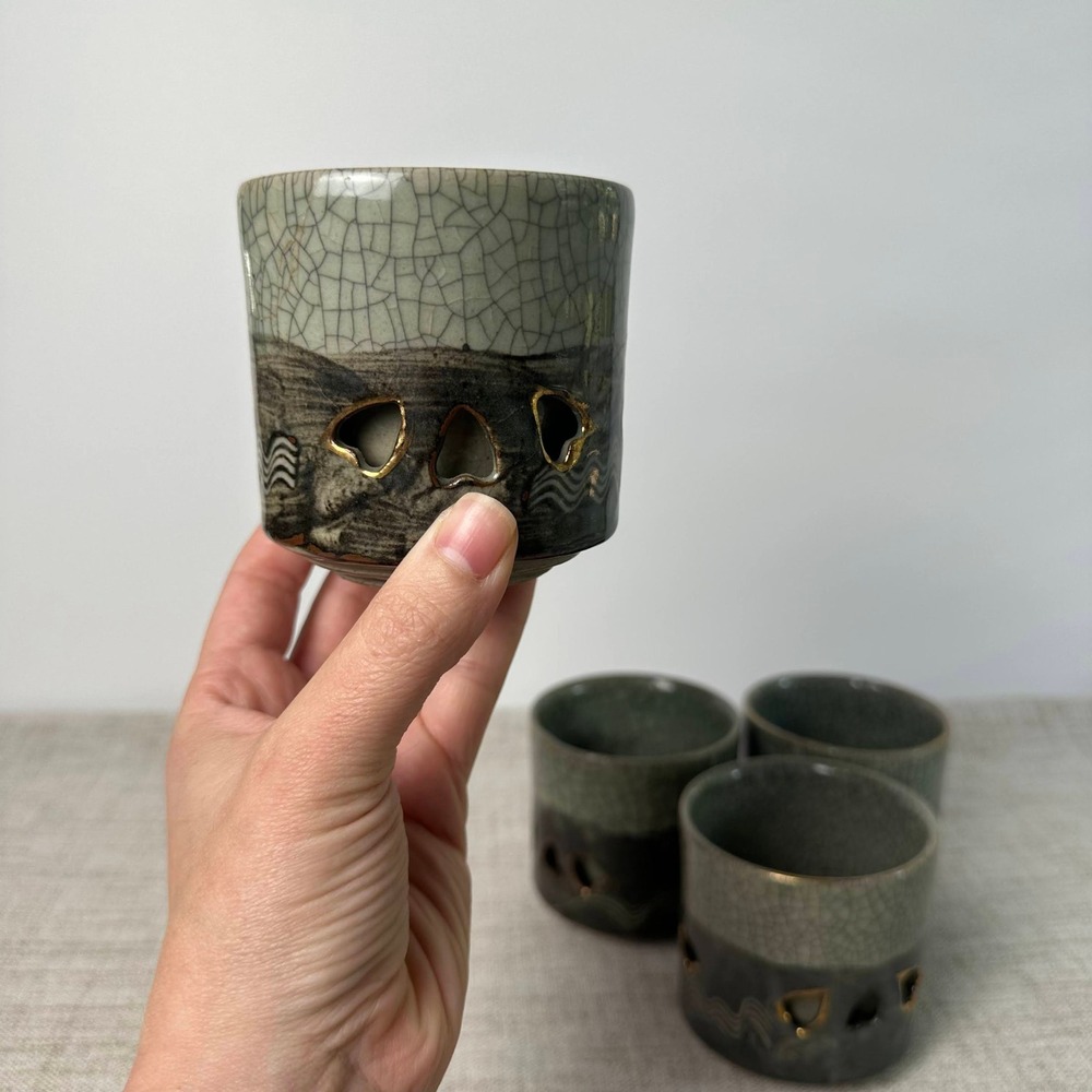 Vintage Japanese Somayaki Tea Cups Set of 4 Green Crackle Double Wall
